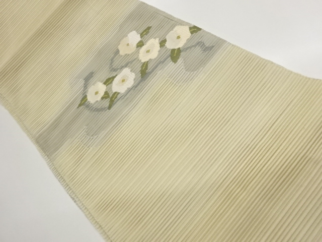 絽綴れ変わり横段に花葉模様織出し名古屋帯